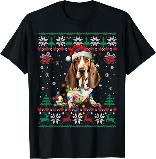 Dog Christmas Lights Ugly Sweater Basset Hound Dog Xmas T-Shirt - T-Shirt | Black