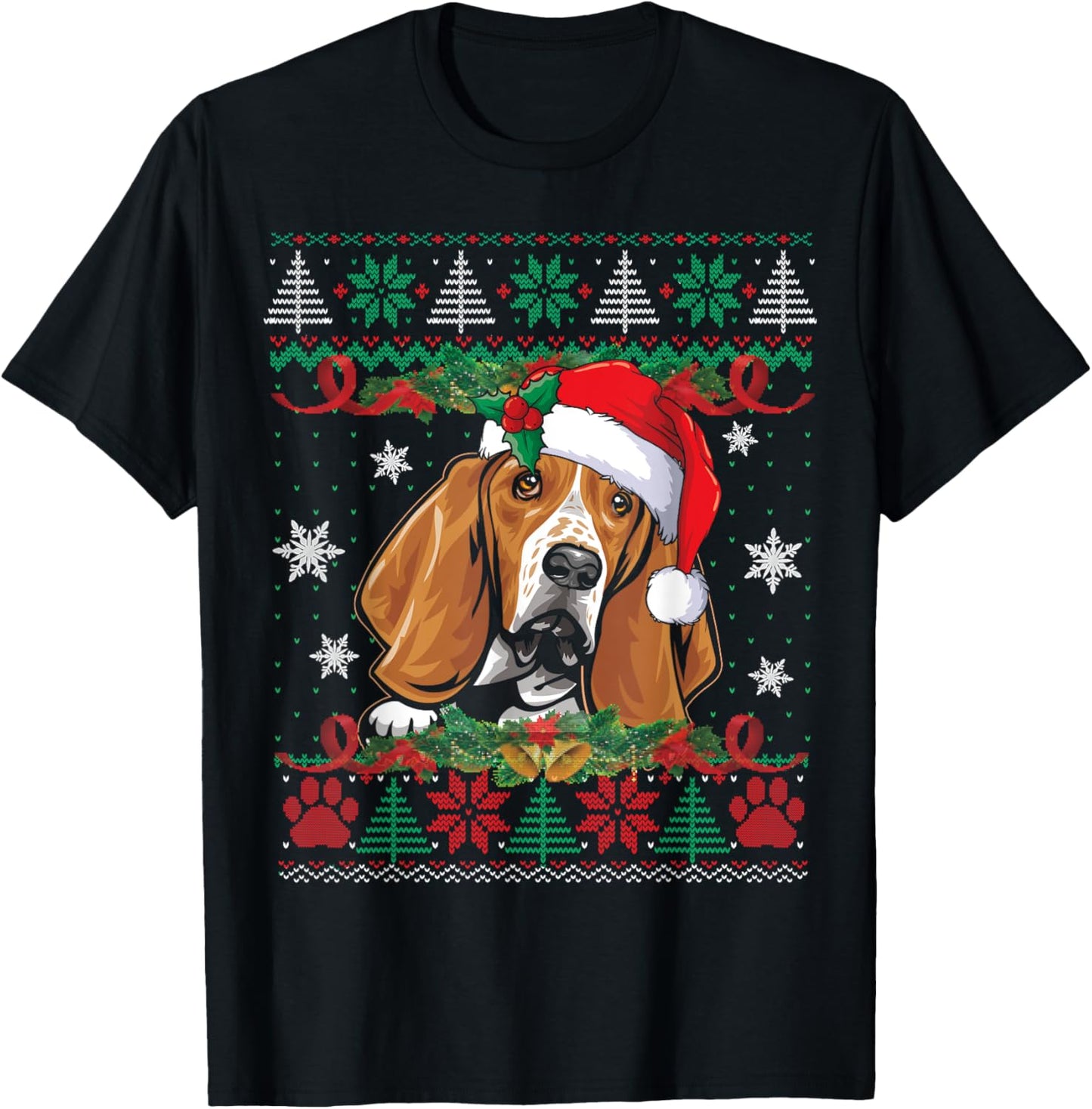 Basset Hound Christmas Ugly Sweater Funny Dog Lover Xmas T-Shirt - T-Shirt | Black
