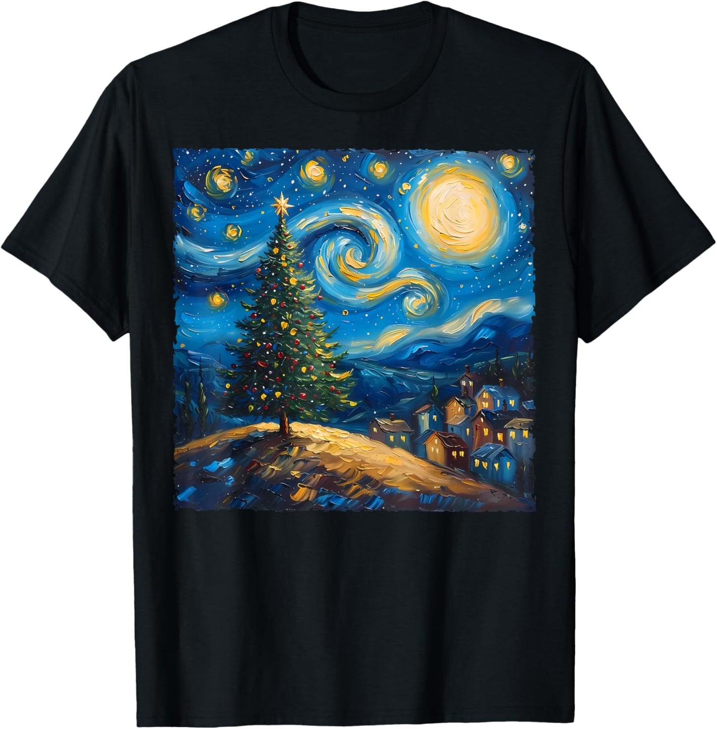 Van Gogh Style The Starry Night Christmas Tree Village Art T-Shirt - T-Shirt | Black