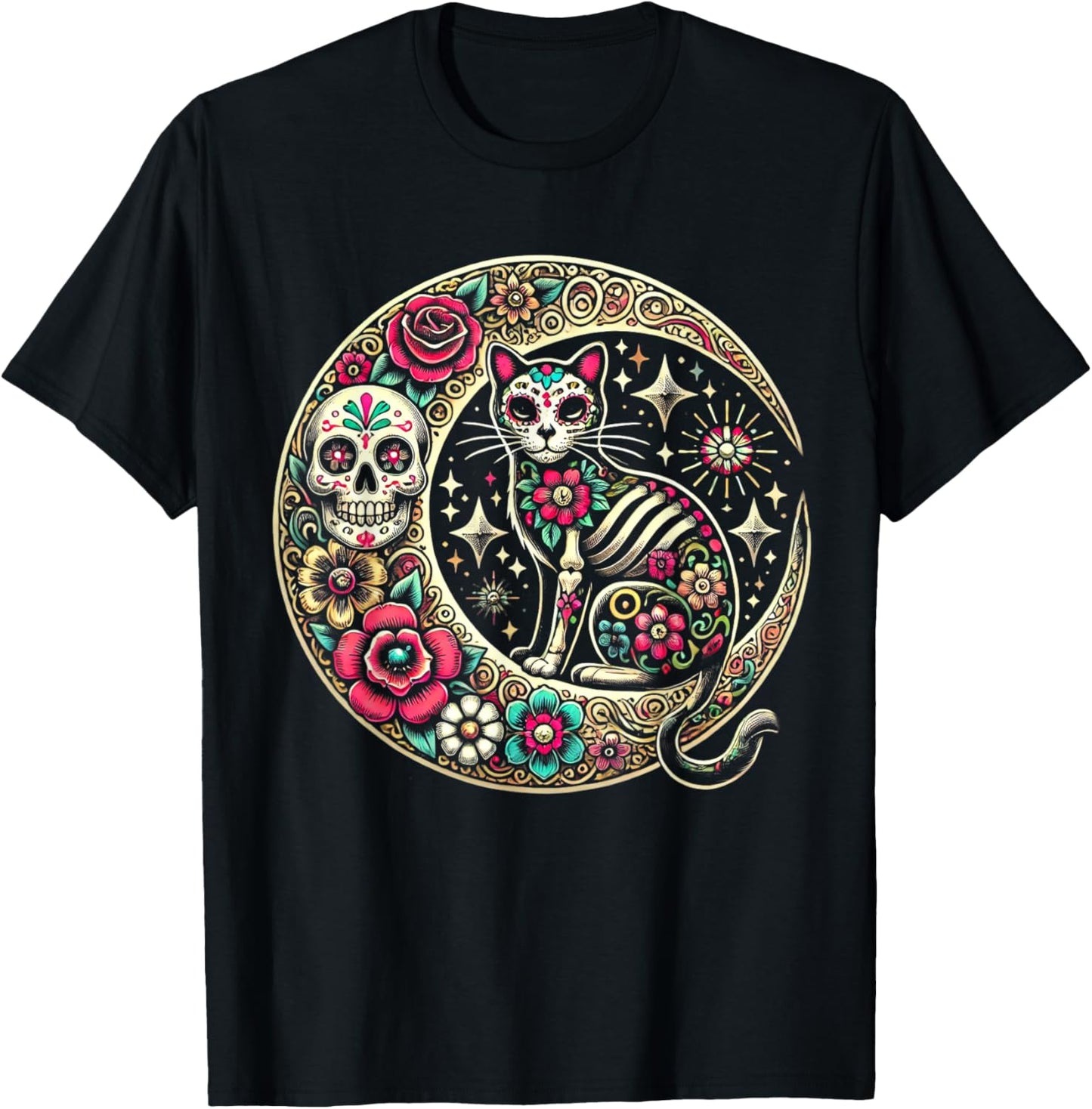 Cat Moon Dia De Los Muertos Day Of The Dead Sugar Skull T-Shirt - T-Shirt | Black