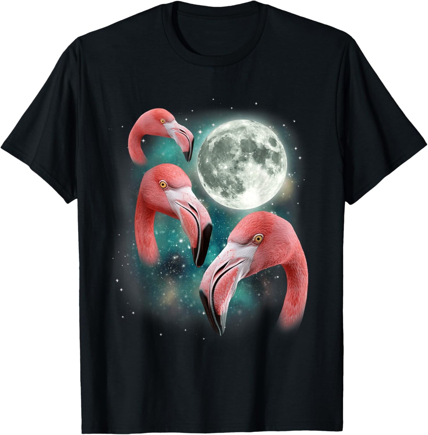 Three Flamingo Moon | Funny 3 Flamingos Bird Tropical Meme T-Shirt - T-Shirt | Black
