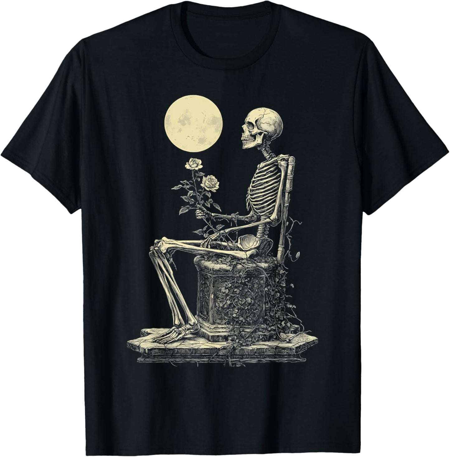 Satanic Skull Rose Gothic Skeleton Holding Rose T-Shirt - T-Shirt | Black