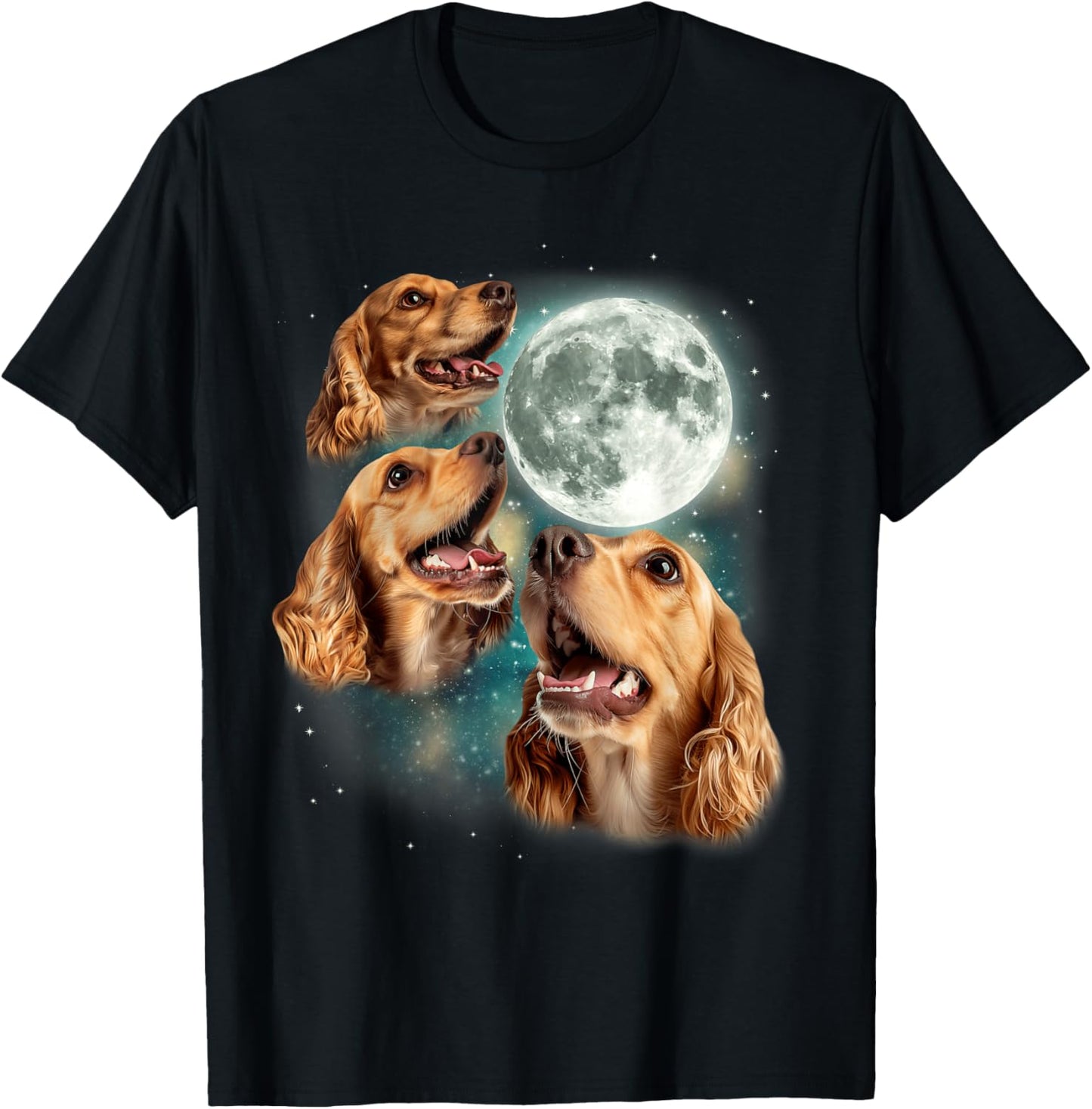 Three Cocker Spaniel Moon | 3 Canines Howling Cute Dog Lover T-Shirt - T-Shirt | Black