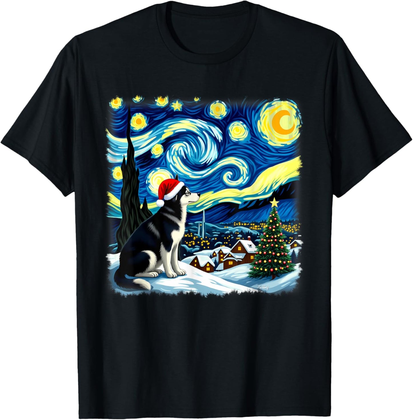 Christmas Husky Dog Starry Night Women Kids T-Shirt - T-Shirt | Black