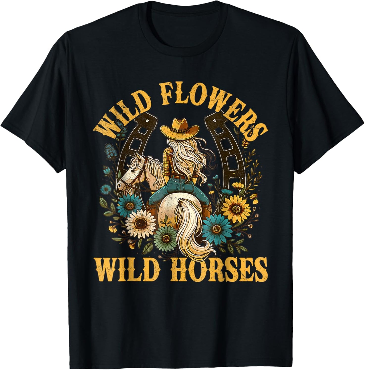 Retro Southern Sunset Cowgirl Wild Flowers Wild Horses T-Shirt - T-Shirt | Black