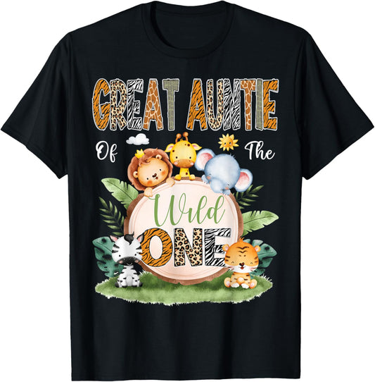 Great Auntie Of The Wild One 1St Birthday Kids Safari Jungle T-Shirt - T-Shirt | Black