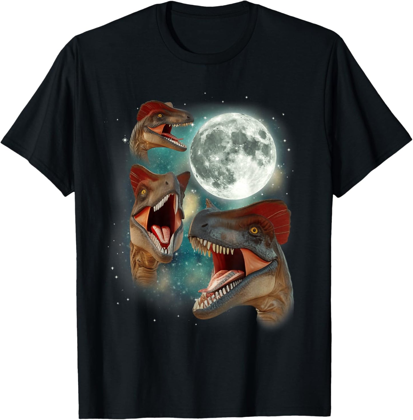 Three Dilophosaurus Moon | 3 Dinosaur Prehistoric Roar Dino T-Shirt - T-Shirt | Black