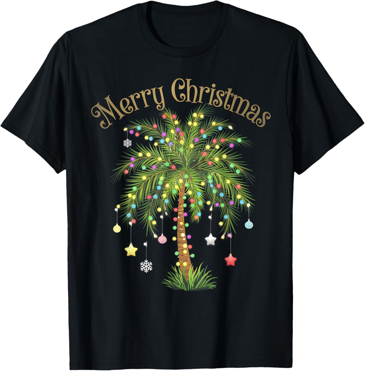 Merry Christmas Palm Tree Light Hawaiian Tropical Christmas T-Shirt - T-Shirt | Black