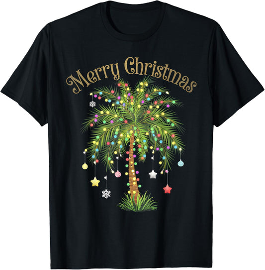 Merry Christmas Palm Tree Light Hawaiian Tropical Christmas T-Shirt - T-Shirt | Black