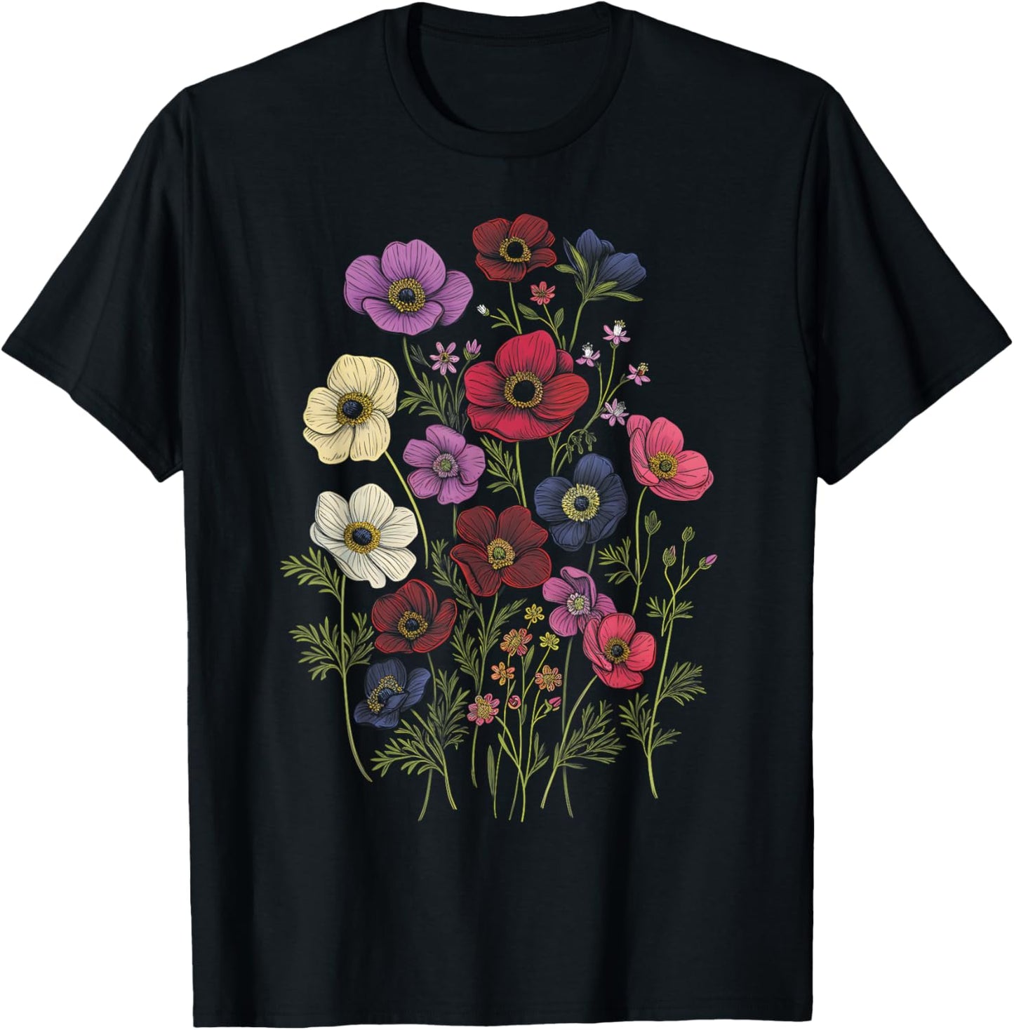 Vintage Botanical Anemone Flower Girl Cute Floral Plant Mom T-Shirt - T-Shirt | Black