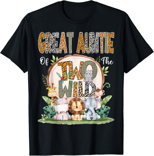 Great Auntie Of The Two Wild Animal Safari 2Nd Birthday T-Shirt - T-Shirt | Black