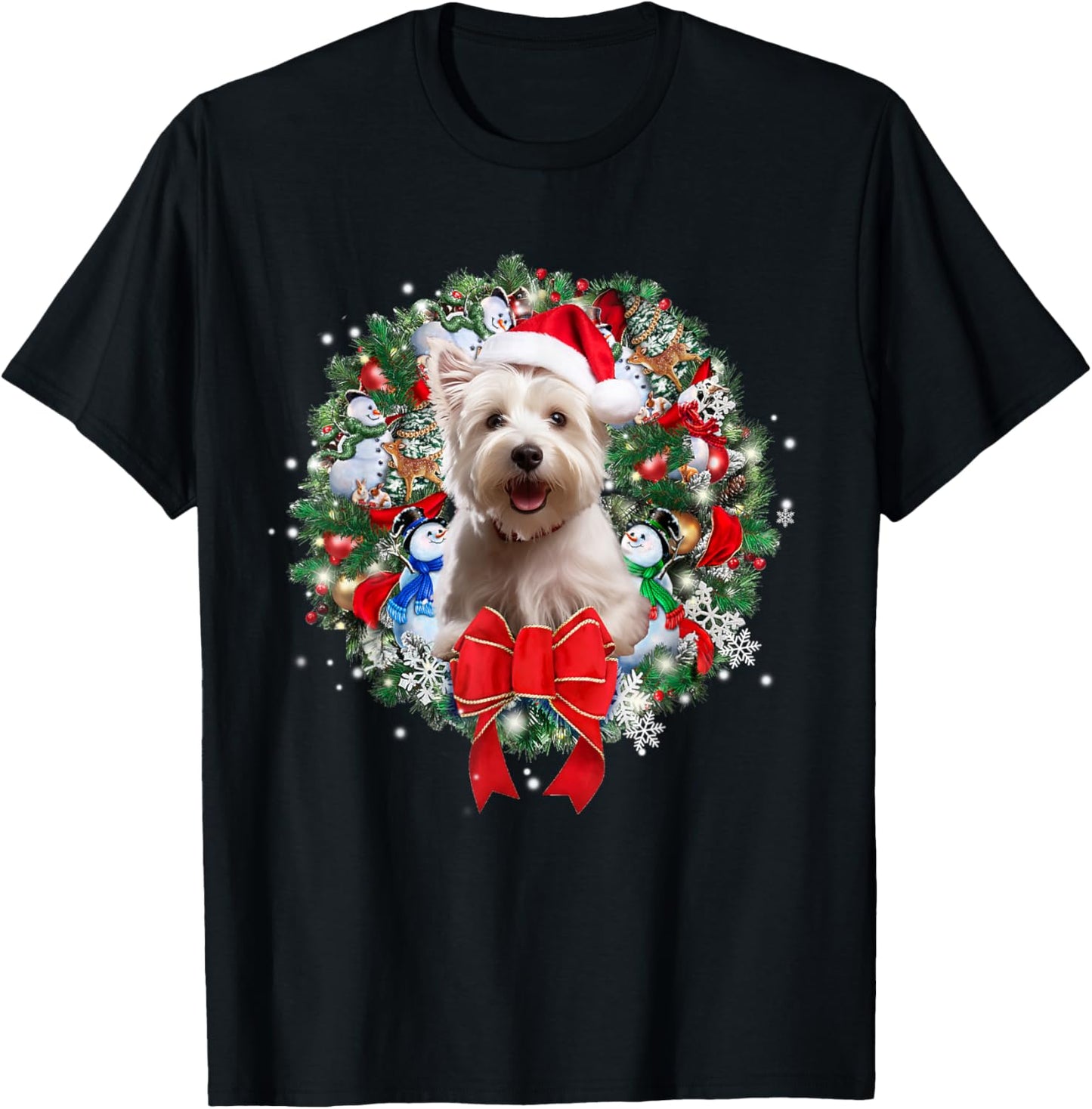 Westie Christmas Wreath Decoration Xmas Pajamas T-Shirt - T-Shirt | Black