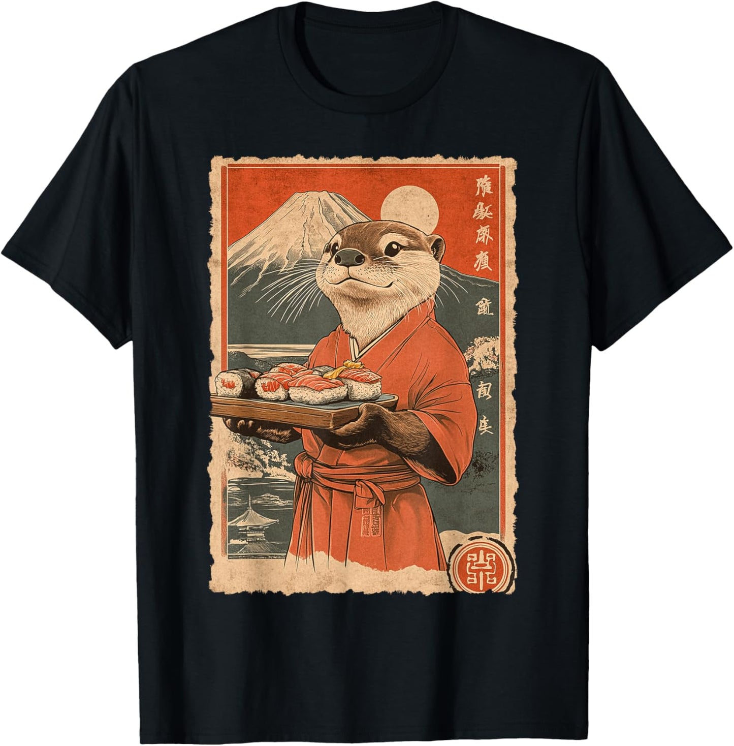 Funny Vintage Japanese Food Art Cute Sea Otter Sushi Chef T-Shirt - T-Shirt | Black