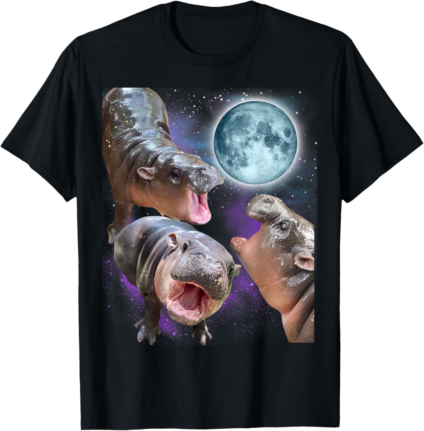 Moo-Deng 3 Hippos Moon Howling Hippo Head Cute Baby Hippo T-Shirt - T-Shirt | Black
