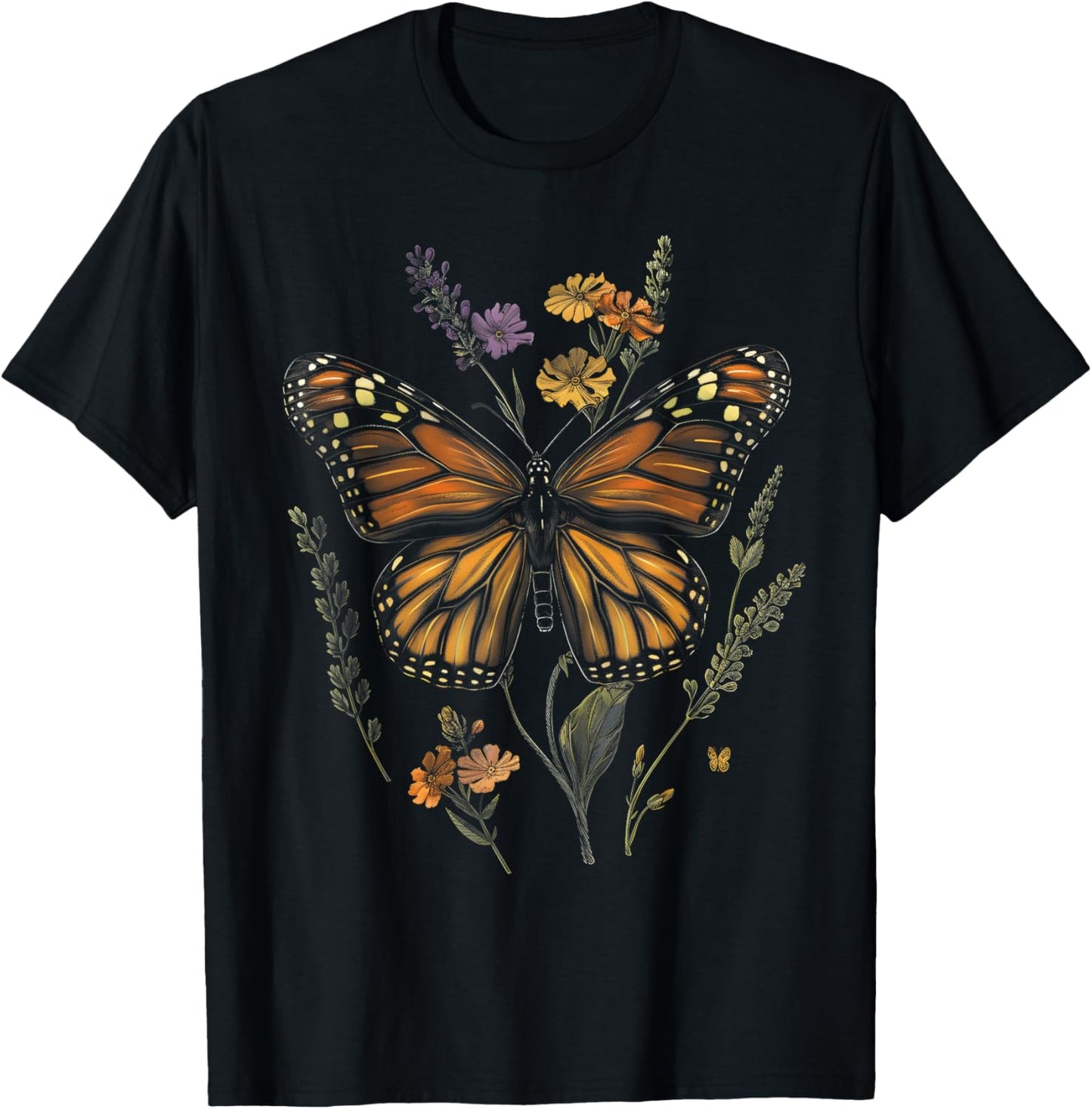 Vintage Monarch Butterfly Verbena Flower Girl Plant Mom T-Shirt - T-Shirt | Black