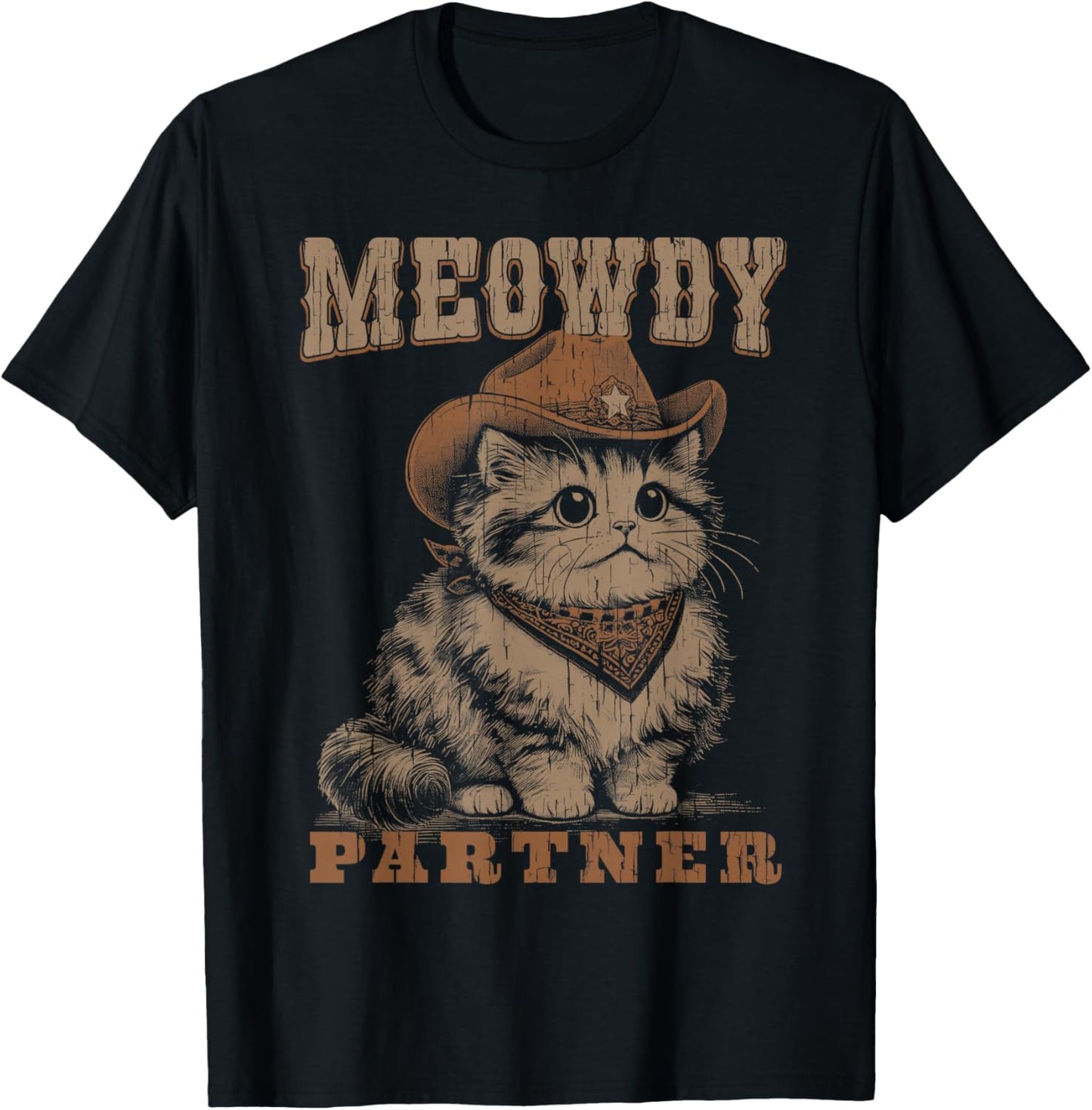 Meowdy Partner Funny Cat Cowboy Vintage Graphic T-Shirt - T-Shirt | Black