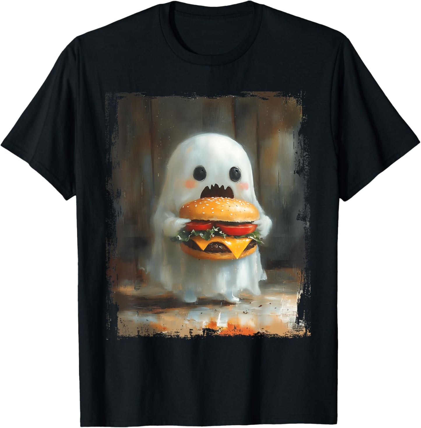Cute Hamburger Ghost Eating Burger Halloween Food Lovers T-Shirt - T-Shirt | Black