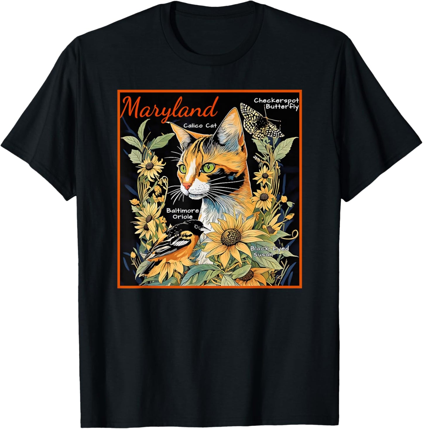 Maryland's Official Cat Butterfly and Bird a Colorful Art Men Women Kids T-Shirt - T-Shirt | Black
