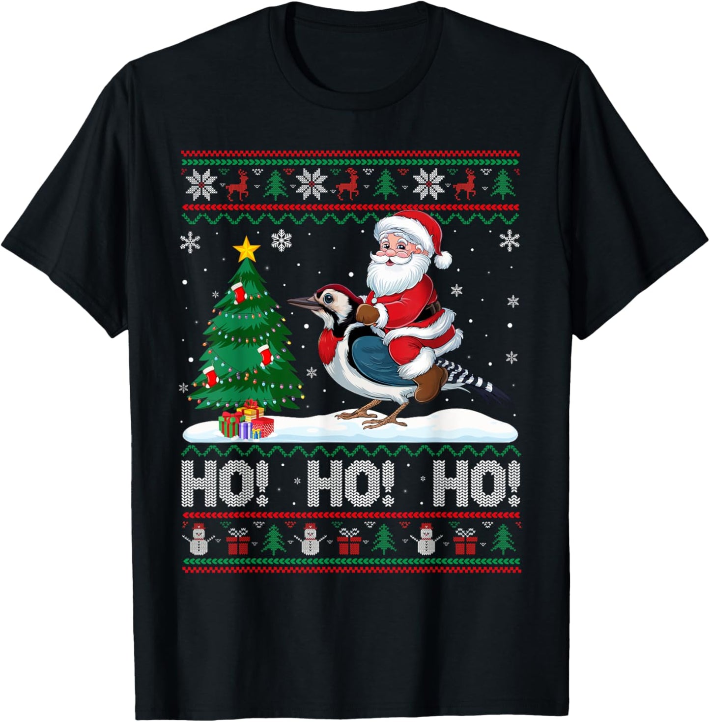 Xmas Tree Lighting Santa Riding Woodpecker Christmas T-Shirt - T-Shirt | Black