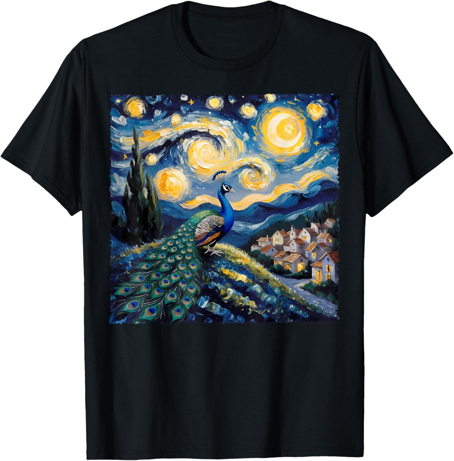 Van Gogh Style Funny Peacock Lover The Starry Night Painting T-Shirt - T-Shirt | Black