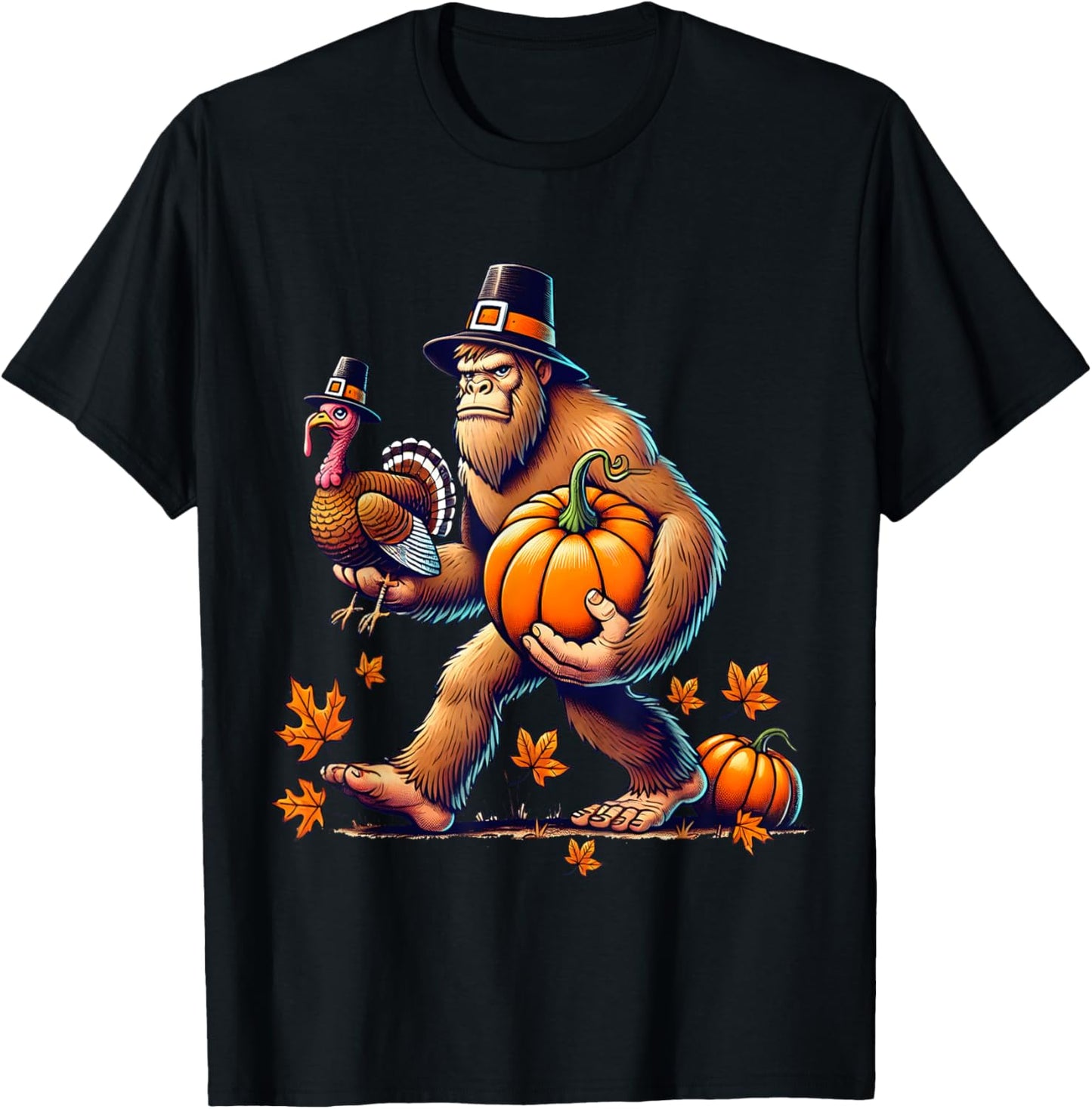 Bigfoot Pilgrim Turkey Pumpkin Funny Thanksgiving Girl Boy T-Shirt - T-Shirt | Black