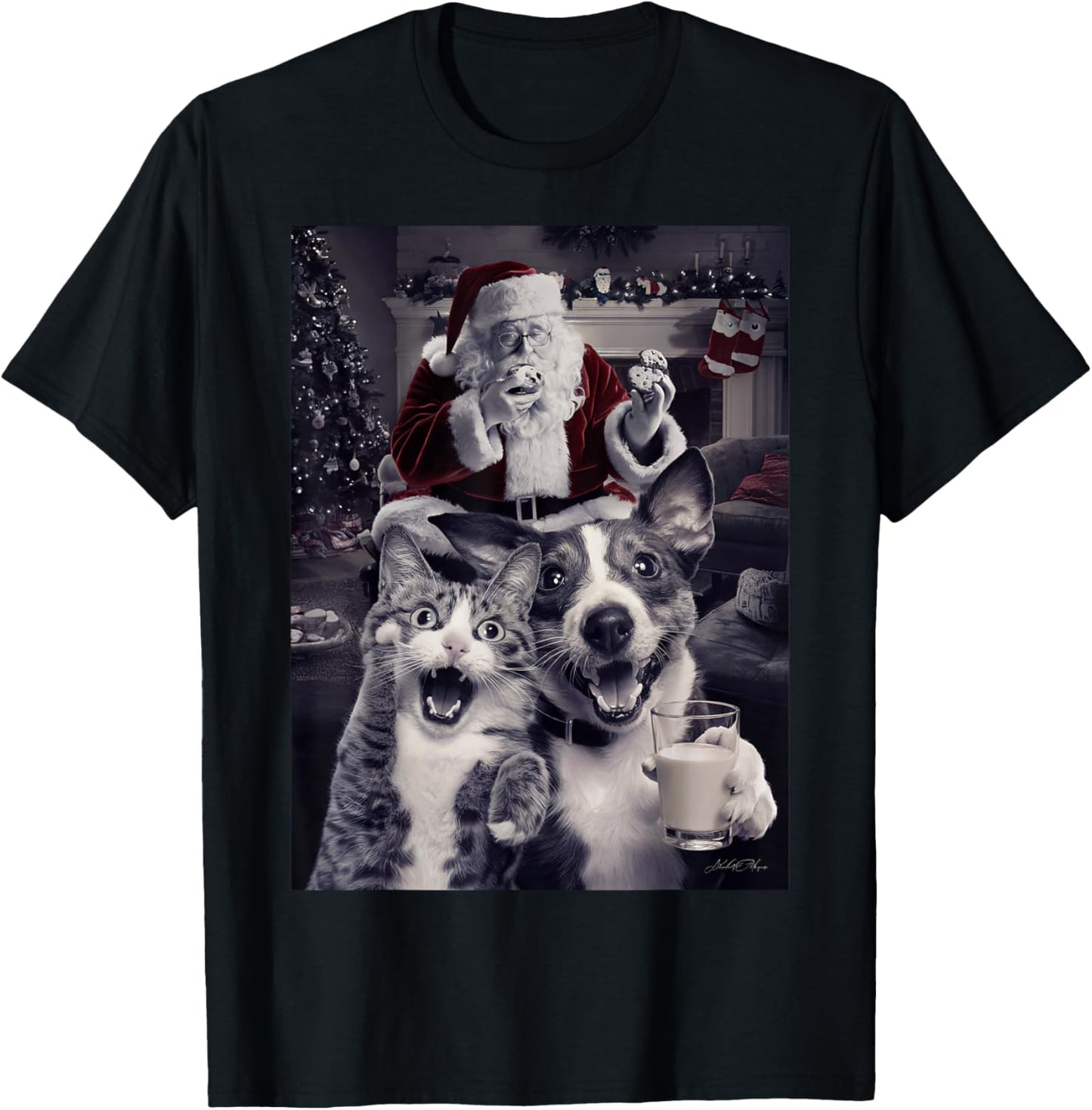 Funny Dog and Cat Selfie with Santa Christmas Men Women Girls Kids T-Shirt - T-Shirt | Black