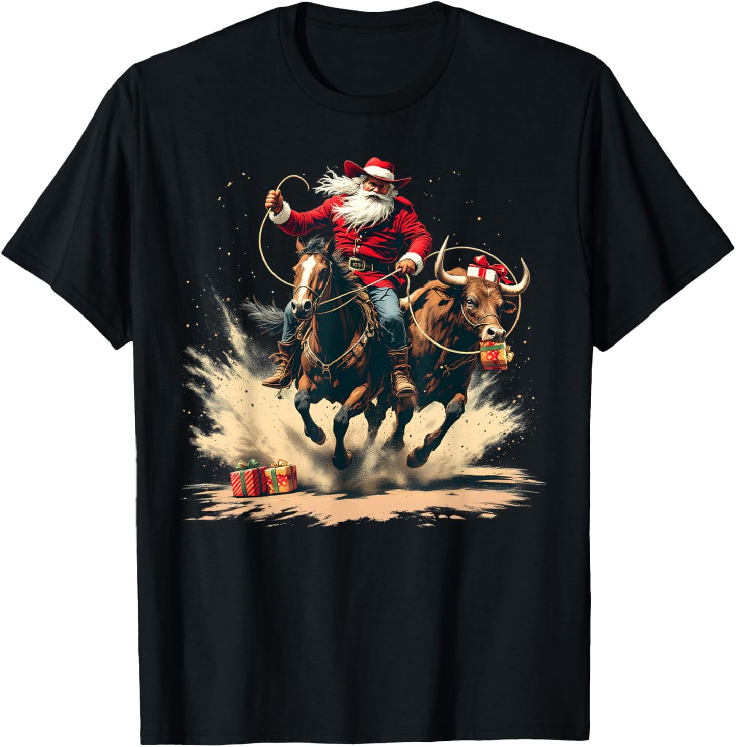 Santa Claus Cowboy Vintage Christmas Horse Cow Men Boy T-Shirt - T-Shirt | Black