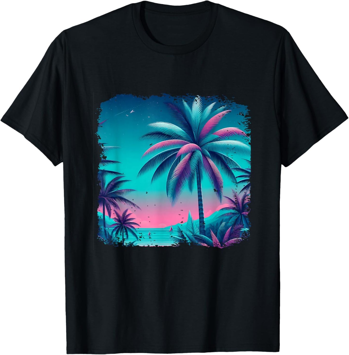 Palm a Trees Tropical Teal Turquoise Purple Beach Vacation T-Shirt - T-Shirt | Black