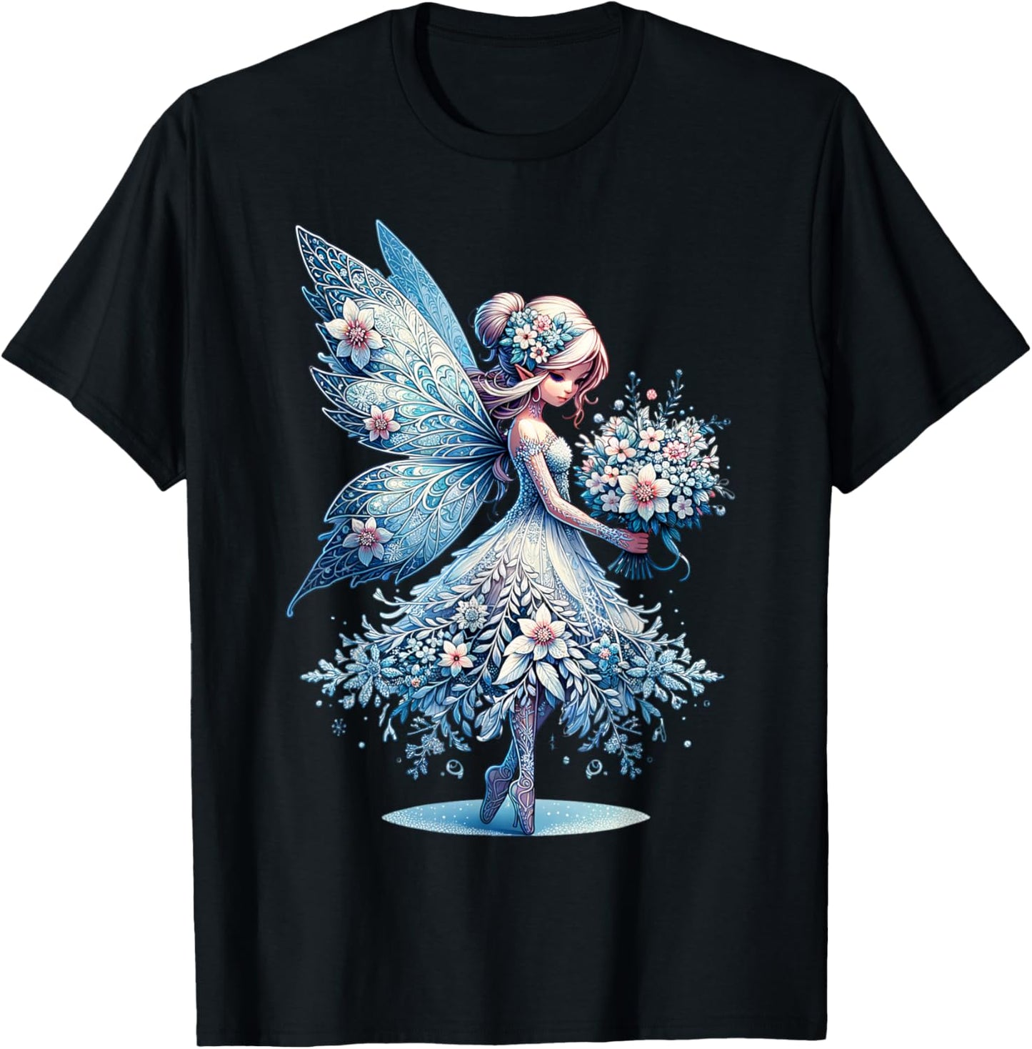 Floral Frost Fairy Blossoms of Winter in a Christmas Wonder T-Shirt - T-Shirt | Black