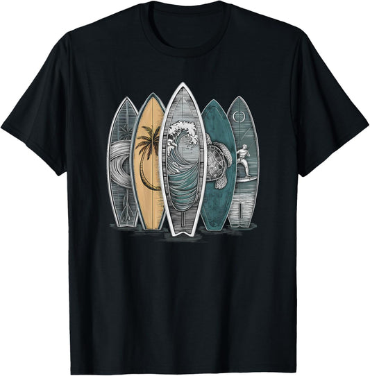 On Back Surfing Tropical Surfboards Vintage Surfboard Surfer T-Shirt - T-Shirt | Black