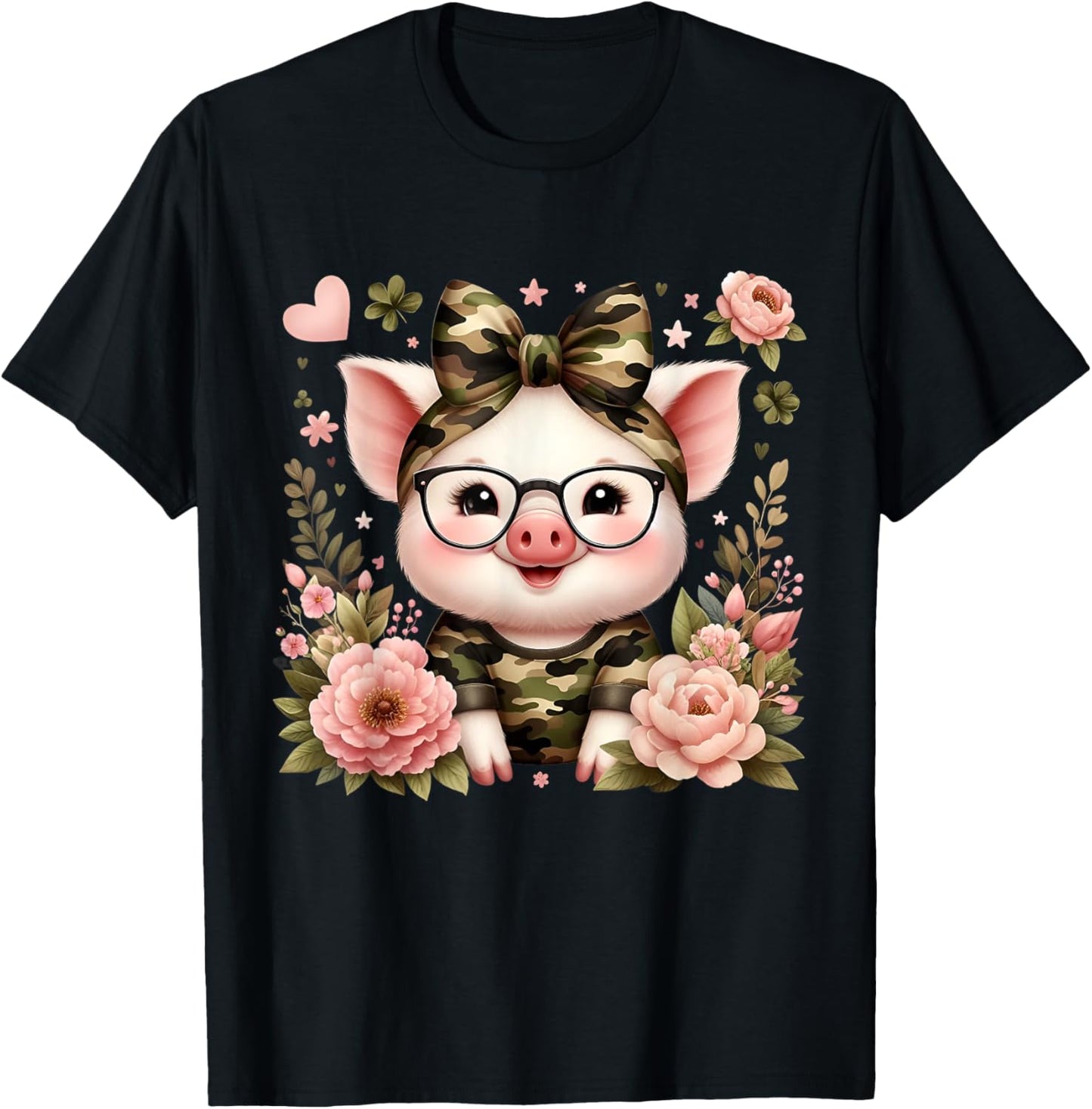 Cute Pig Camouflage Camo Coquette Bow Headband Flower T-Shirt - T-Shirt | Black