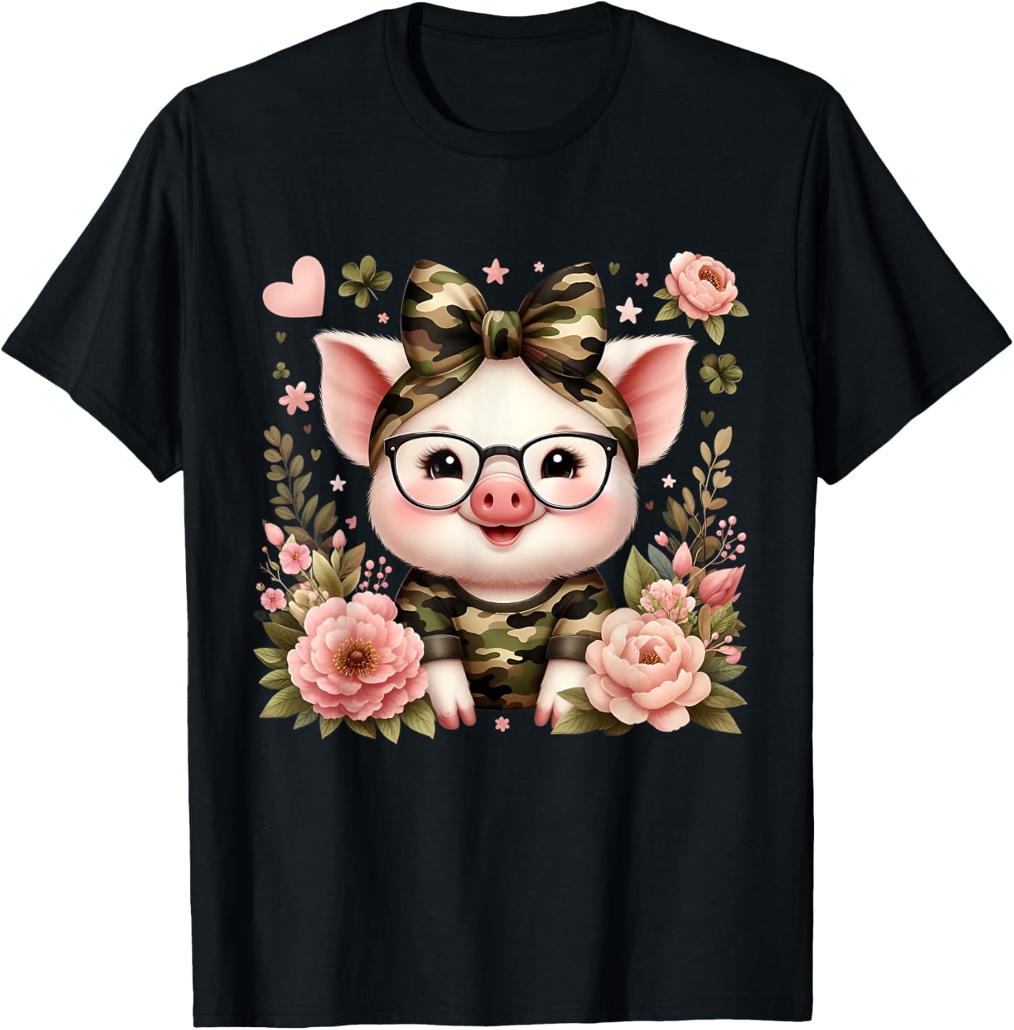 Cute Pig Camouflage Camo Coquette Bow Headband Flower T-Shirt - T-Shirt | Black