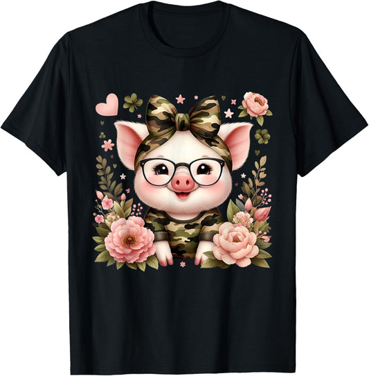 Cute Pig Camouflage Camo Coquette Bow Headband Flower T-Shirt - T-Shirt | Black