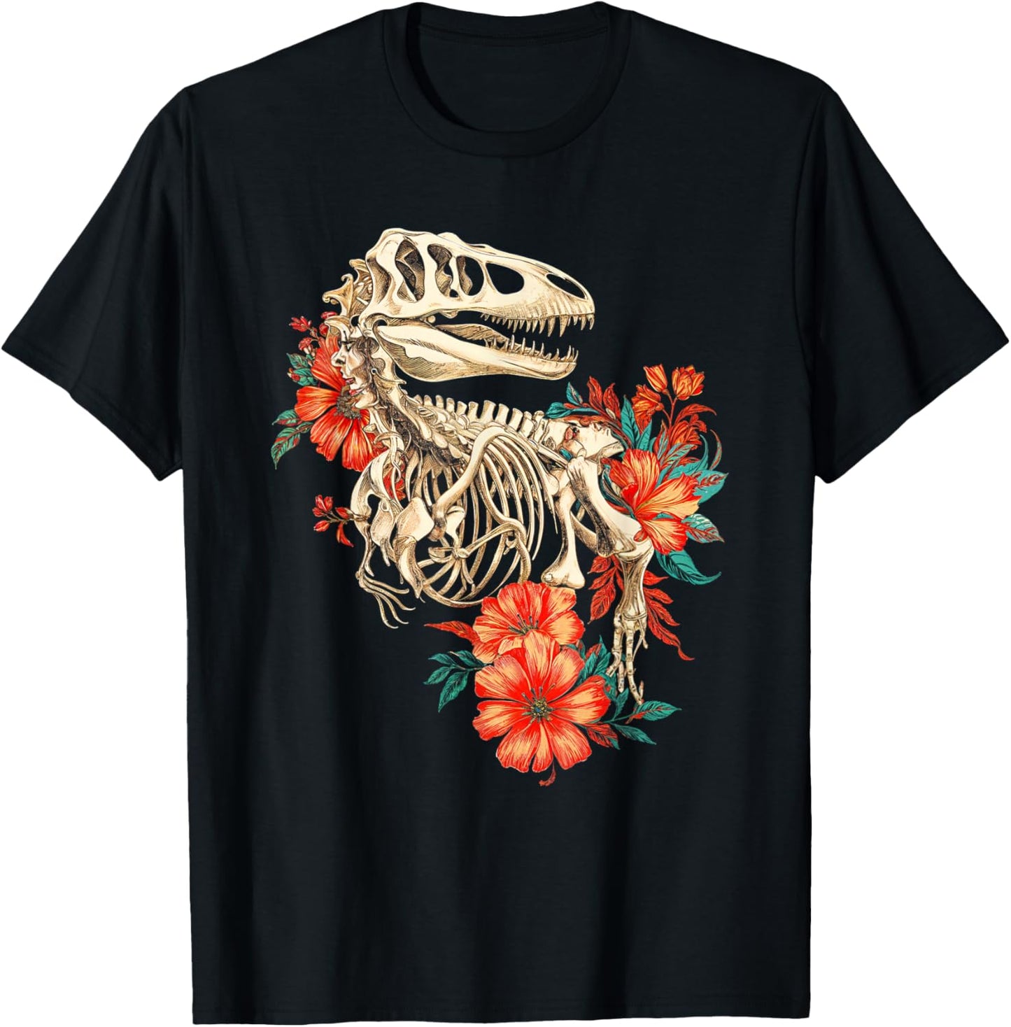 Rex Skeleton Bones Flowers Dino Paleontology Dinosaur T-Shirt - T-Shirt | Black