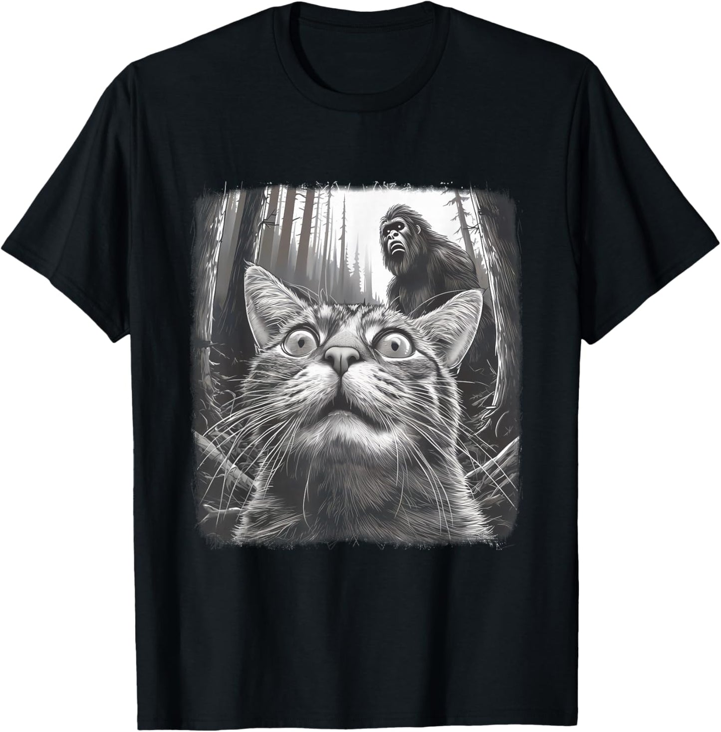 Surprised Scared Cat Selfie With Sasquatsch Bigfoot 0D4ERF T-Shirt - T-Shirt | Black