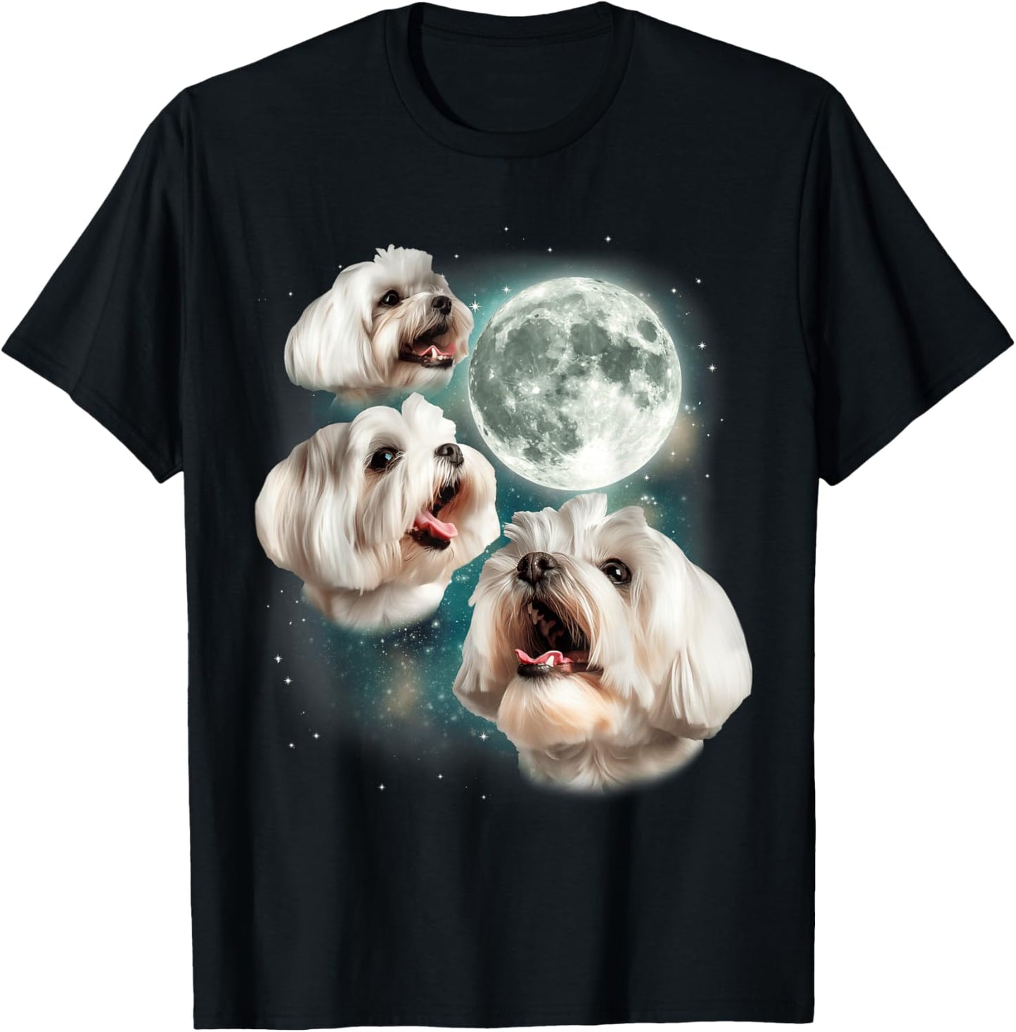 Three Maltese Moon | 3 Cute Howling Dogs Maltese Lover Puppy T-Shirt - T-Shirt | Black