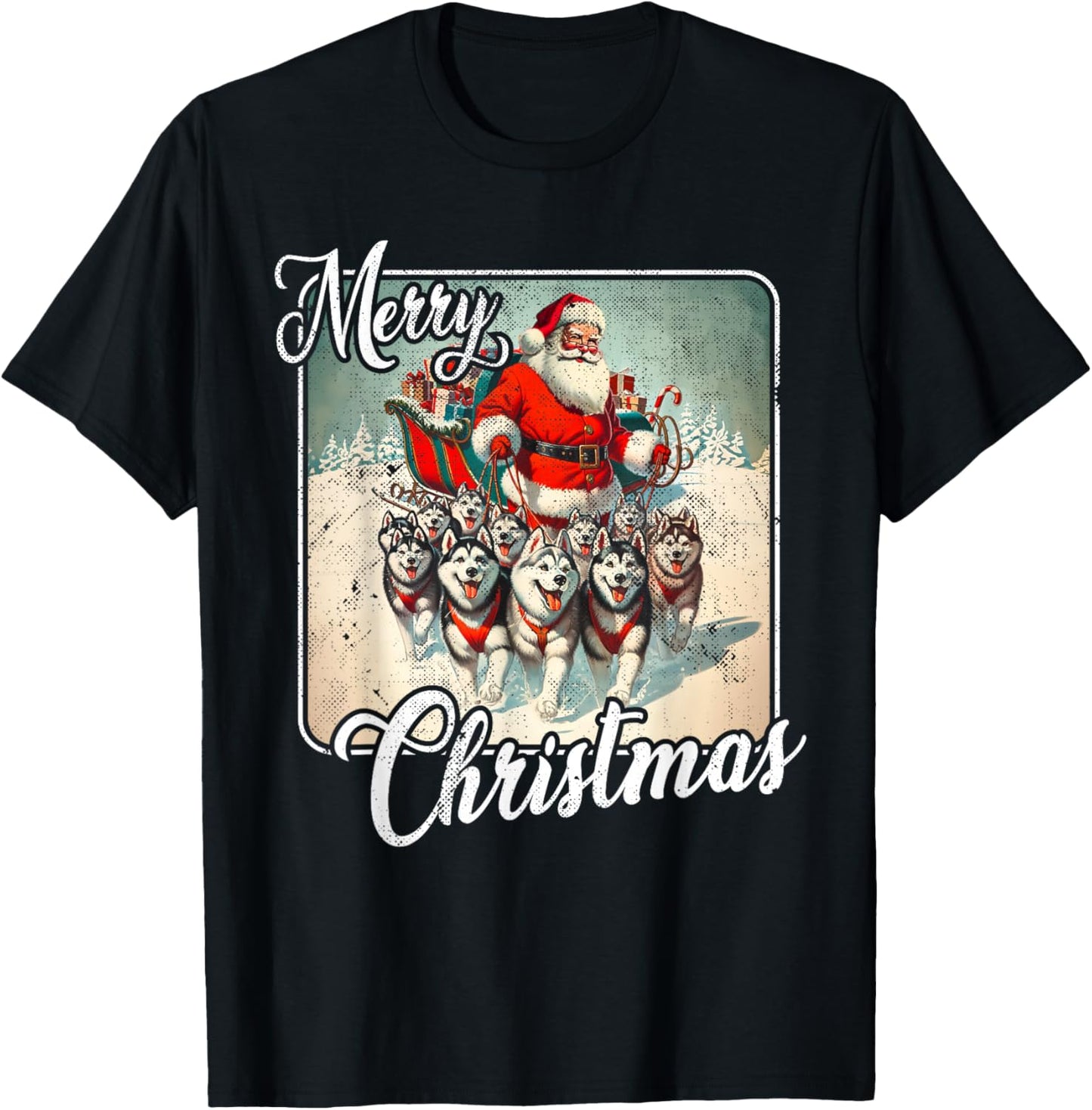 Vintage Husky Family Christmas Huskies Pulling Santa Sleigh T-Shirt - T-Shirt | Black
