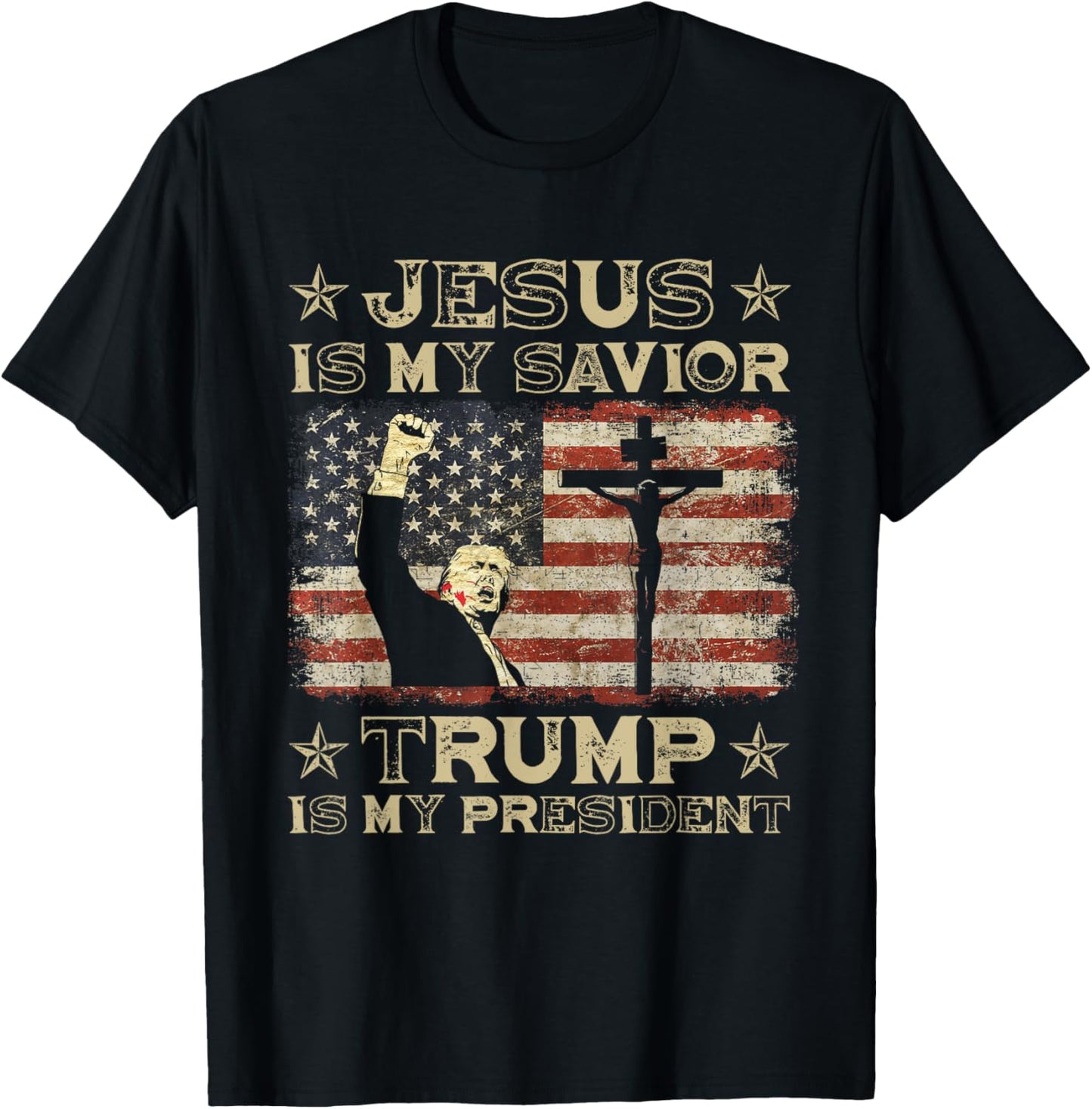 Jesus Is My Savior Trump Is My President Trump 2024 USA Flag T-Shirt - T-Shirt | Black
