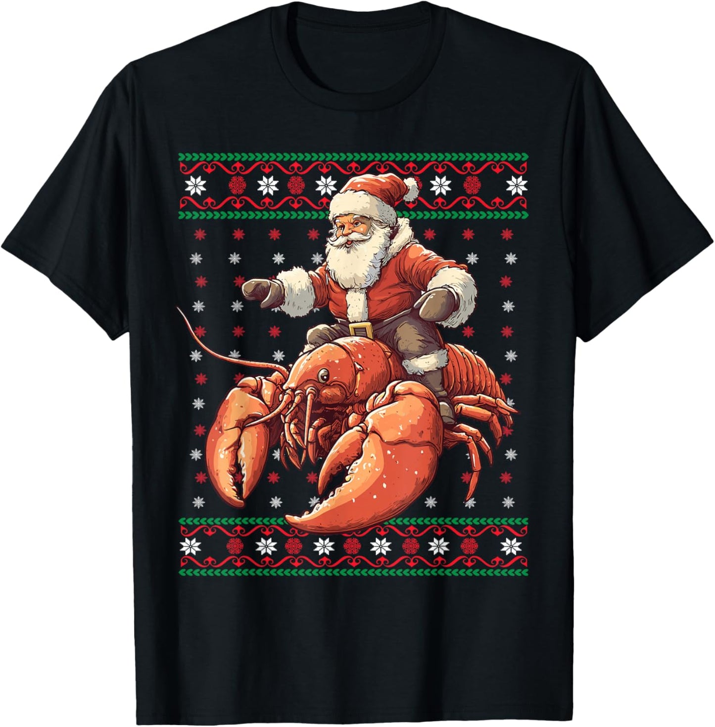 Santa Riding Lobster Funny Lobster Ugly Christmas Pajama T-Shirt - T-Shirt | Black