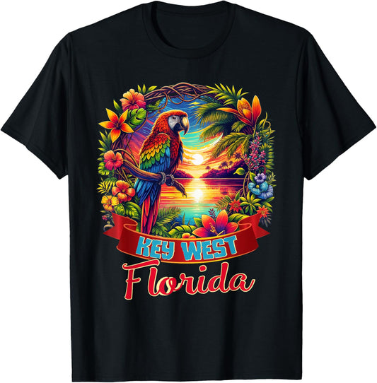 Key West Florida Shirt Parrot Tropical Beach Hibiscus Flower T-Shirt - T-Shirt | Black
