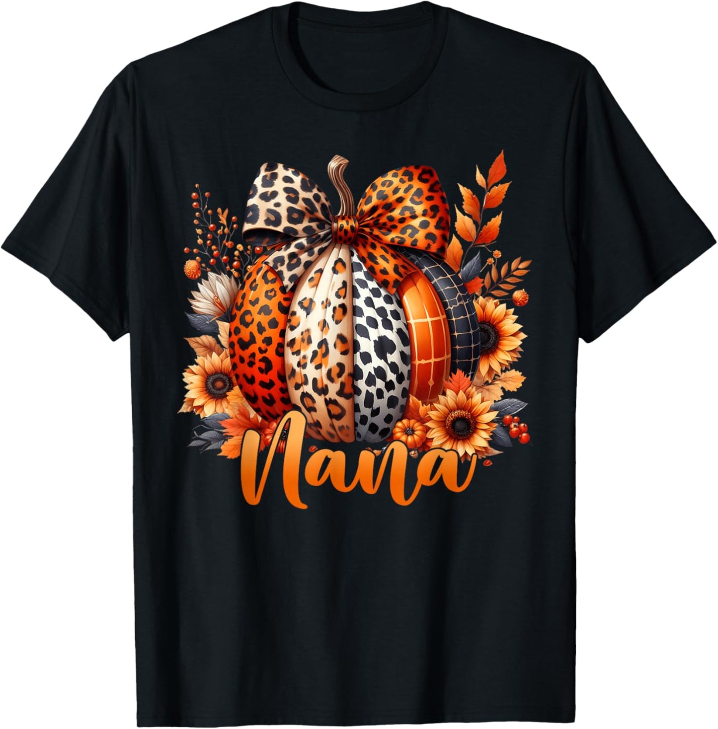 Nana Thanksgiving Leopard Pumpkin Sunflower Coquette Bow T-Shirt - T-Shirt | Black