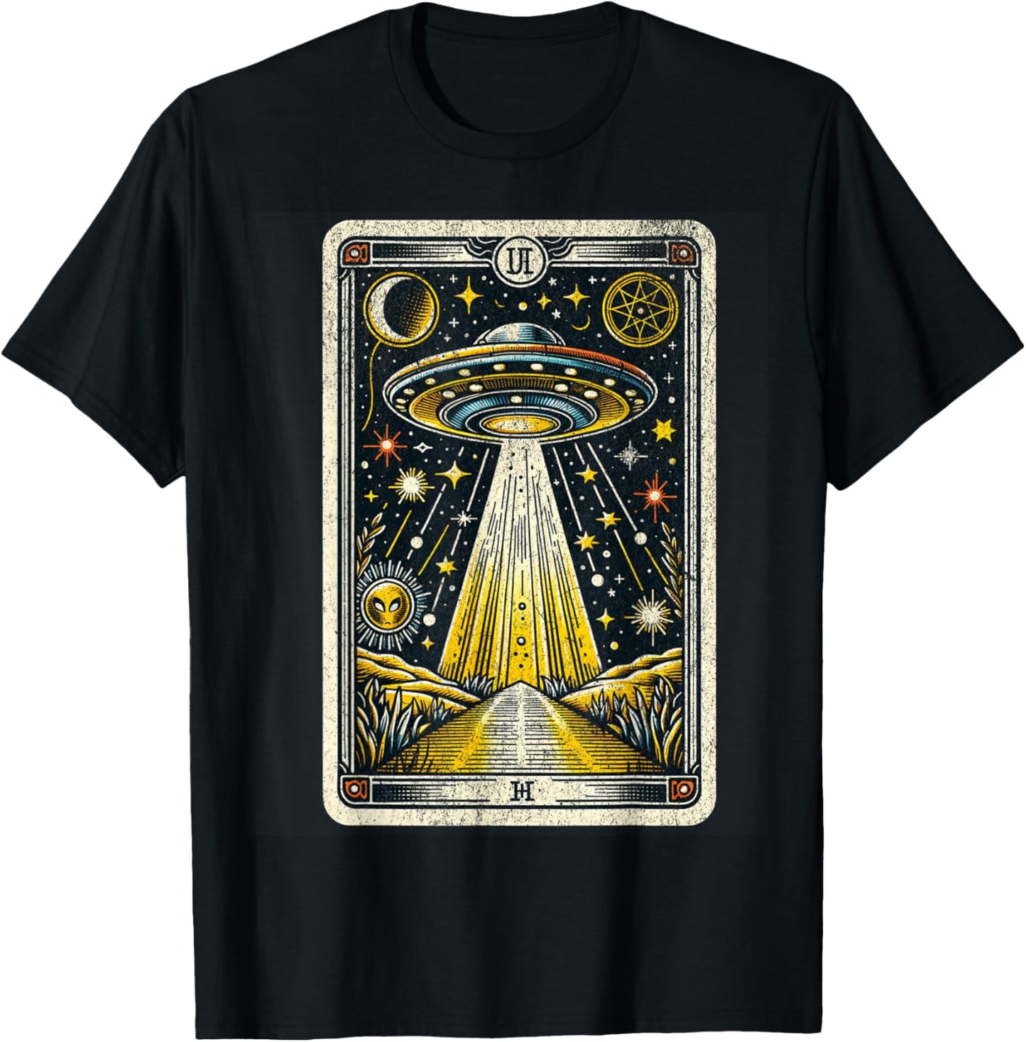 Vintage UFO Tarot Card Alien Astrology Retro Zodiac T-Shirt - T-Shirt | Black
