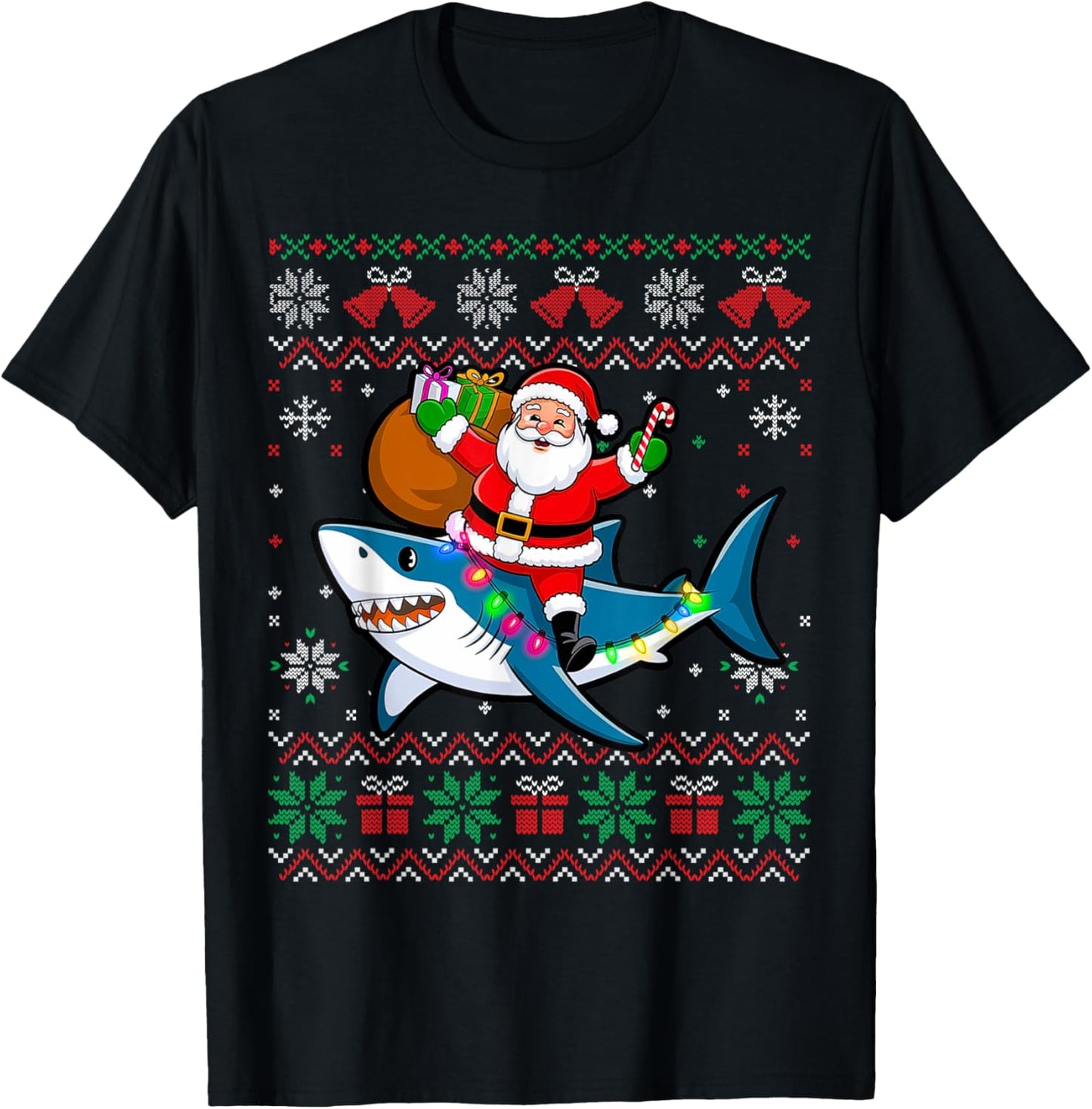 Funny Ugly Christmas Santa Riding Shark Holiday Gifts T-Shirt - T-Shirt | Black