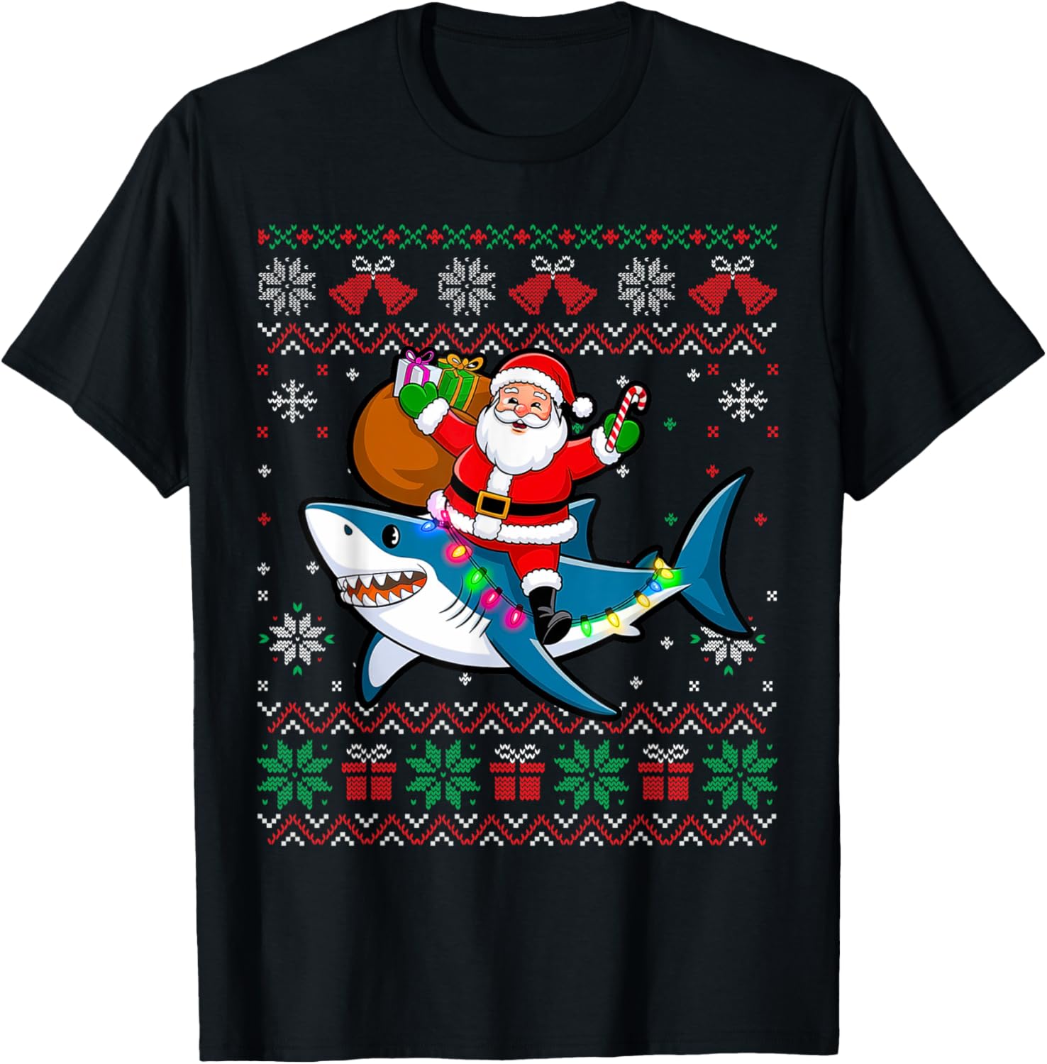Funny Ugly Christmas Santa Riding Shark Holiday Gifts T-Shirt - T-Shirt | Black