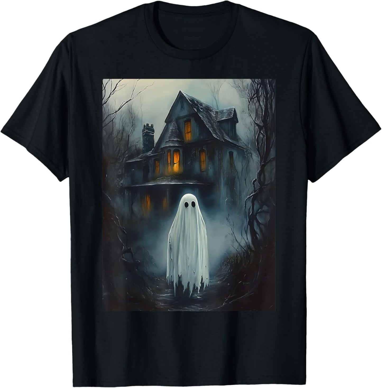 Vintage Haunted House Halloween Midnight Spooky Ghost Horror T-Shirt - T-Shirt | Black