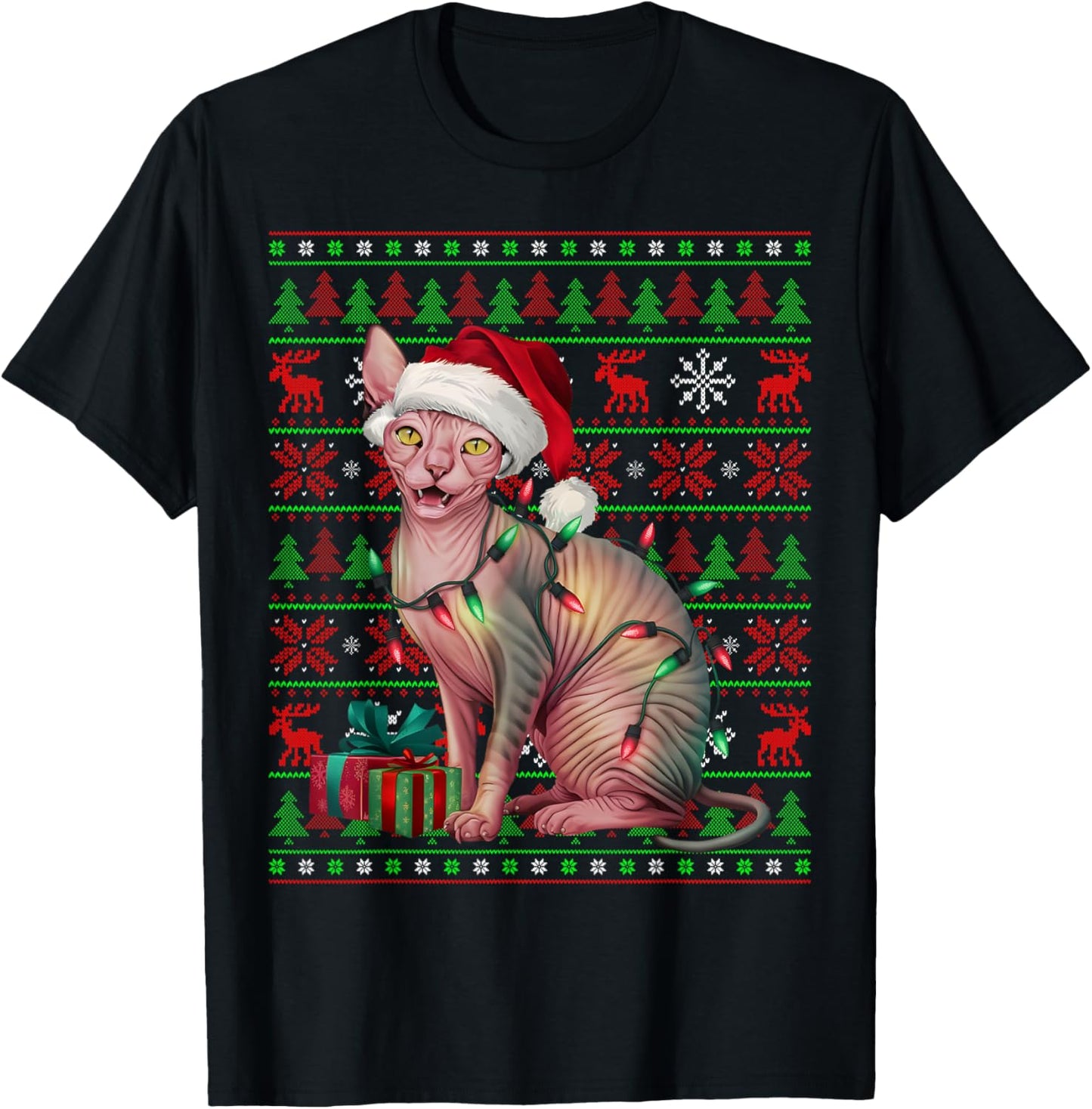 Sphynx Cat Xmas Lights Ugly Santa Hat Sphynx Cat Christmas Women Kids T-Shirt - T-Shirt | Black