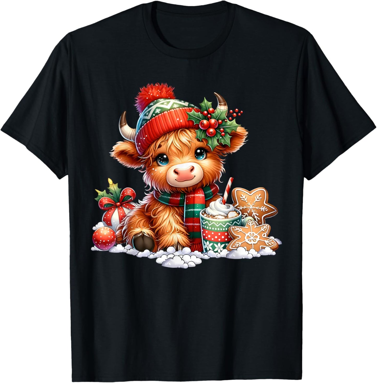 Christmas Highland Cow Cute Heifer Cow Santa Hat Mooey Xmas T-Shirt - T-Shirt | Black
