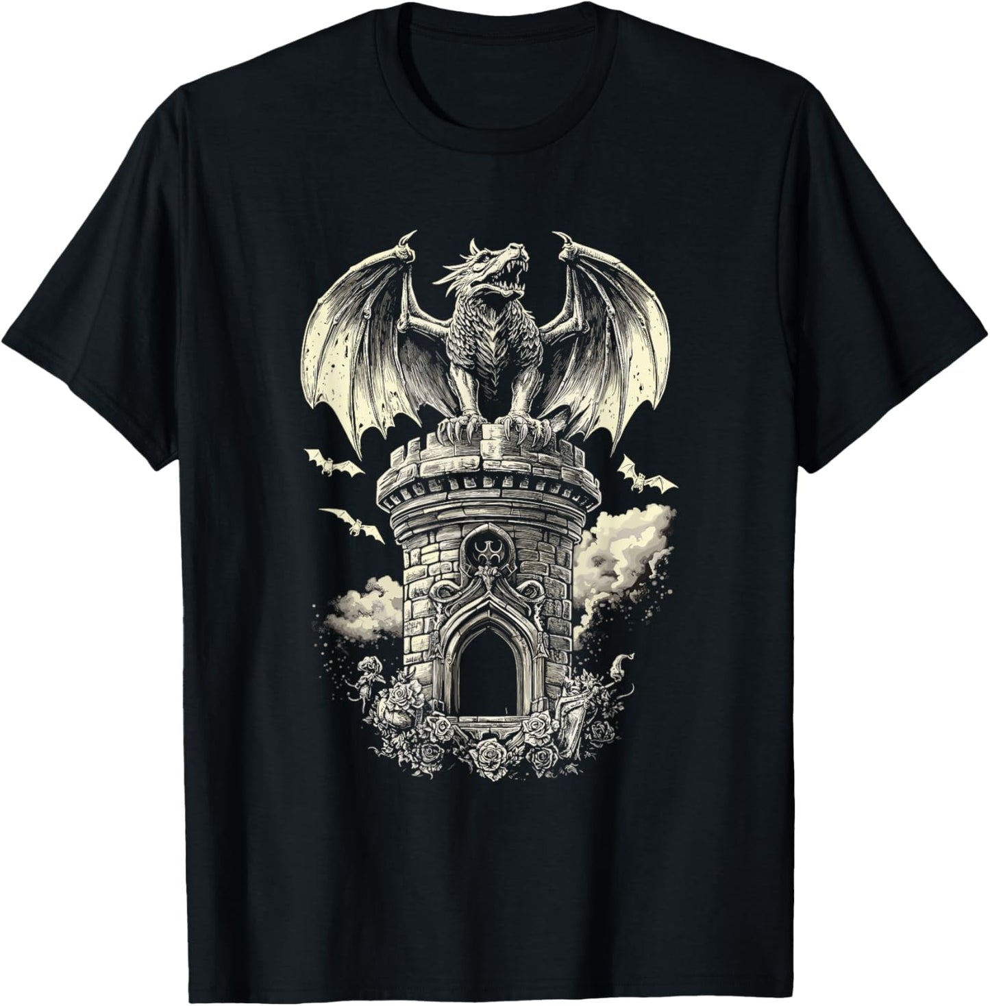 Dragon on Tower with Bats - Gothic T-Shirt - T-Shirt | Black