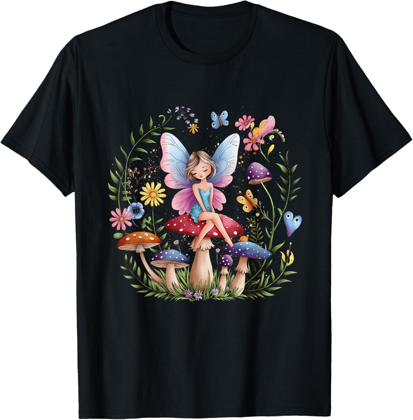 Enchanted Forest Fairy Fantasy Mystical Butterfly Mushroom T-Shirt - T-Shirt | Black