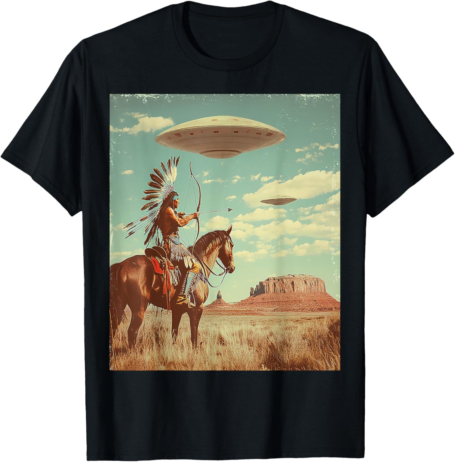 Retro Desert Indian Riding Horse Shooting Bow Arrow UFO Art T-Shirt - T-Shirt | Black